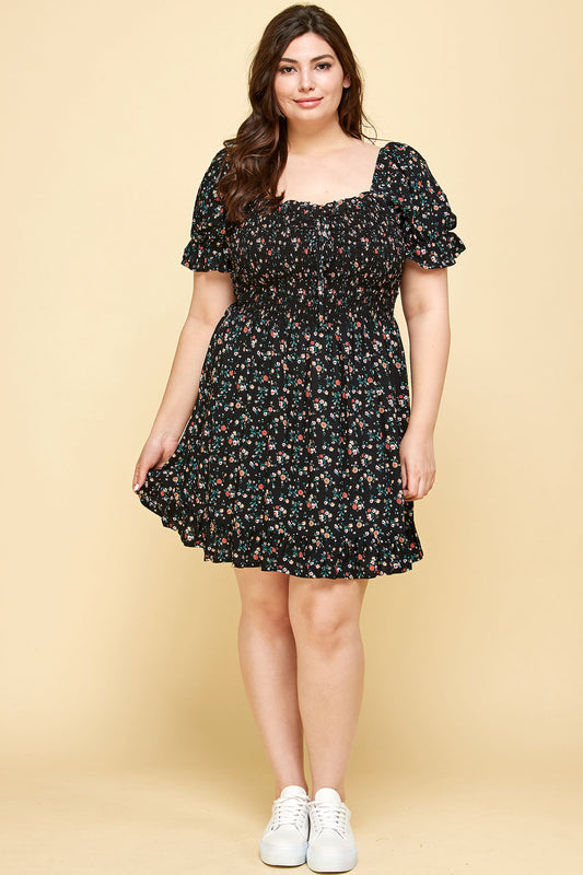 PLUS SIZE FLORAL BABYDOLL DRESS IN BLACK