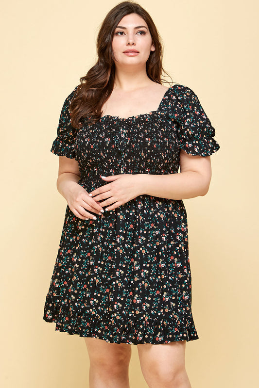PLUS SIZE FLORAL BABYDOLL DRESS IN BLACK