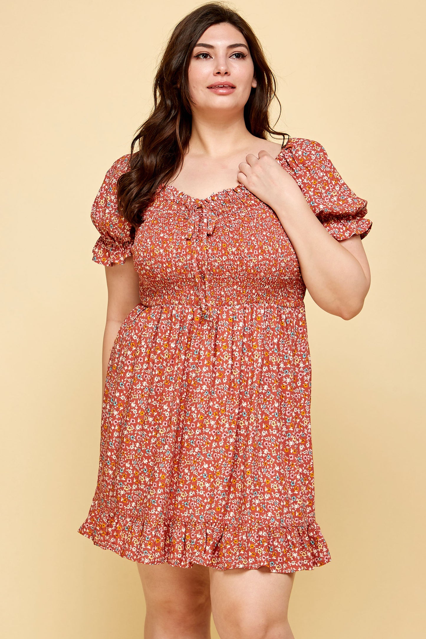 PLUS SIZE FLORAL BABYDOLL DRESS IN RUST