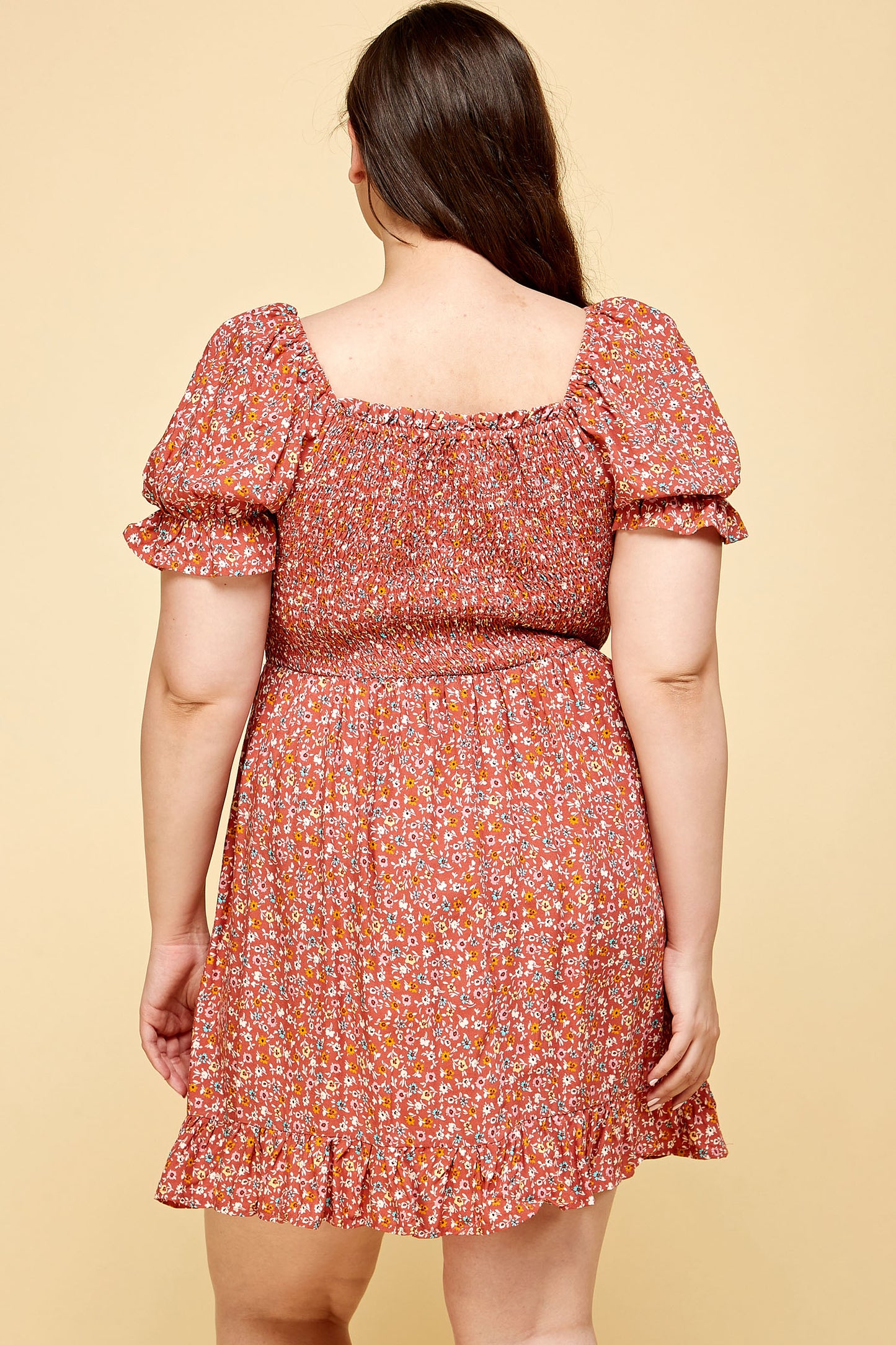 PLUS SIZE FLORAL BABYDOLL DRESS IN RUST