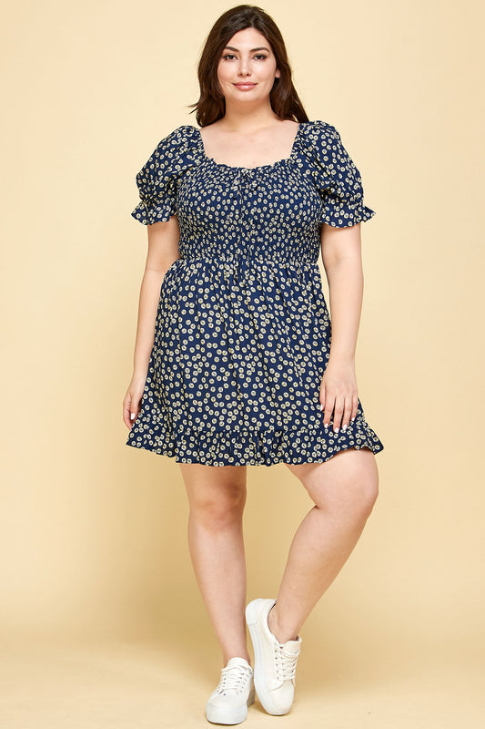 PLUS SIZE FLORAL BABYDOLL DRESS IN NAVY