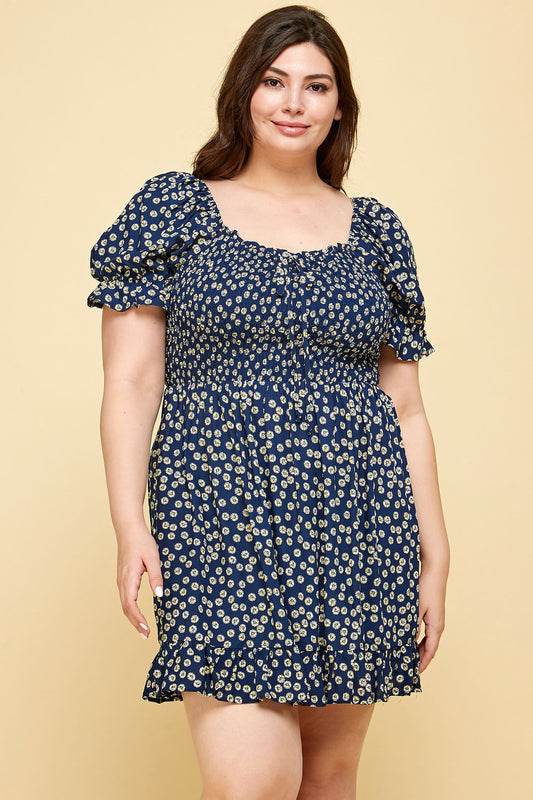 PLUS SIZE FLORAL BABYDOLL DRESS IN NAVY