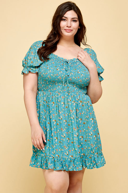 PLUS SIZE FLORAL BABYDOLL DRESS IN TEAL