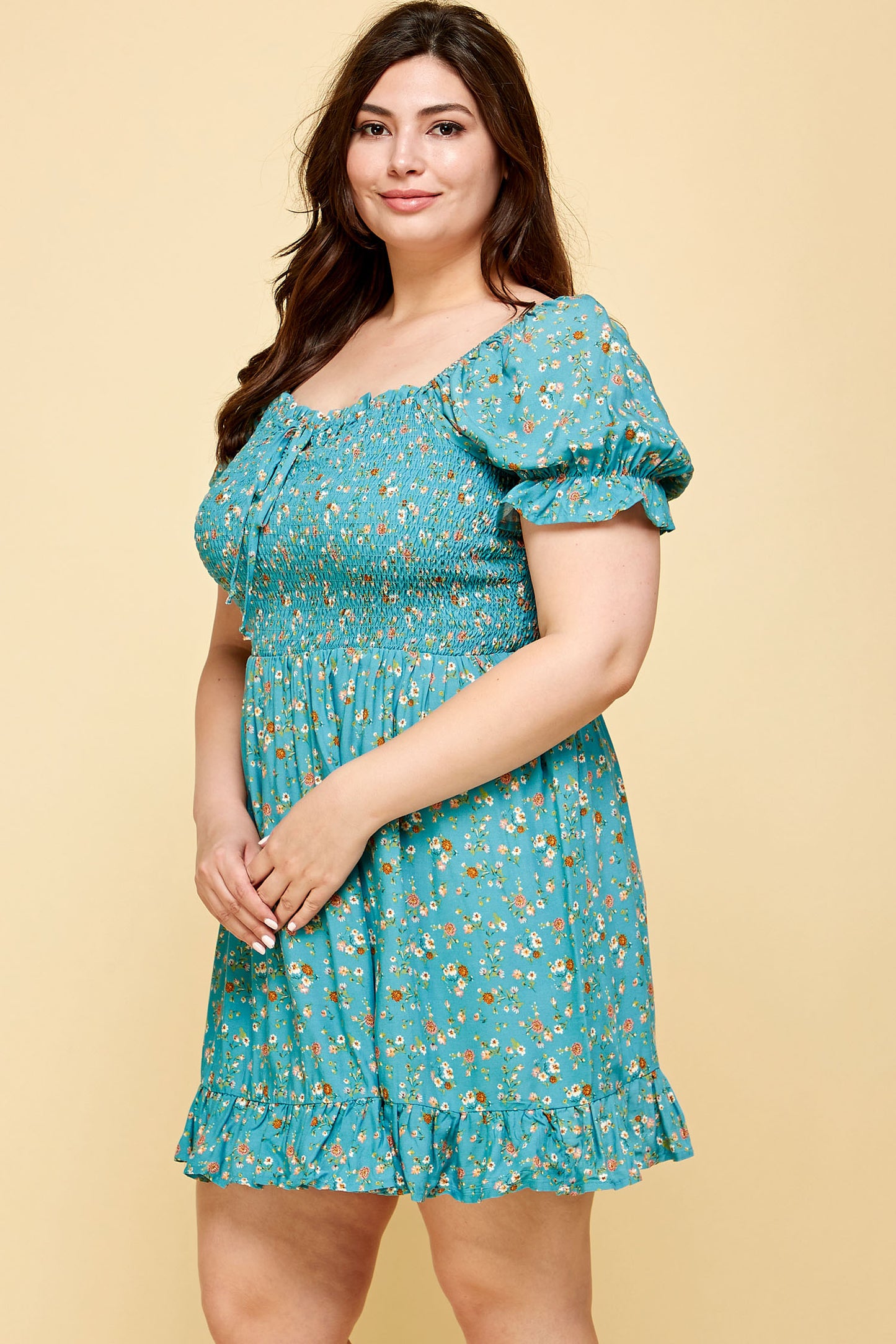 PLUS SIZE FLORAL BABYDOLL DRESS IN TEAL
