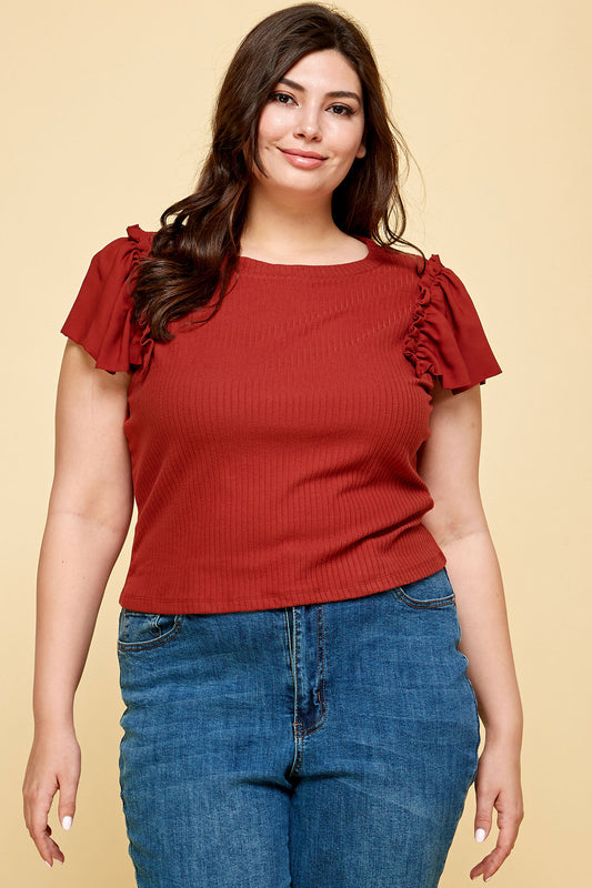 PLUS SIZE RIBBED SHORT SLEEVE TOP