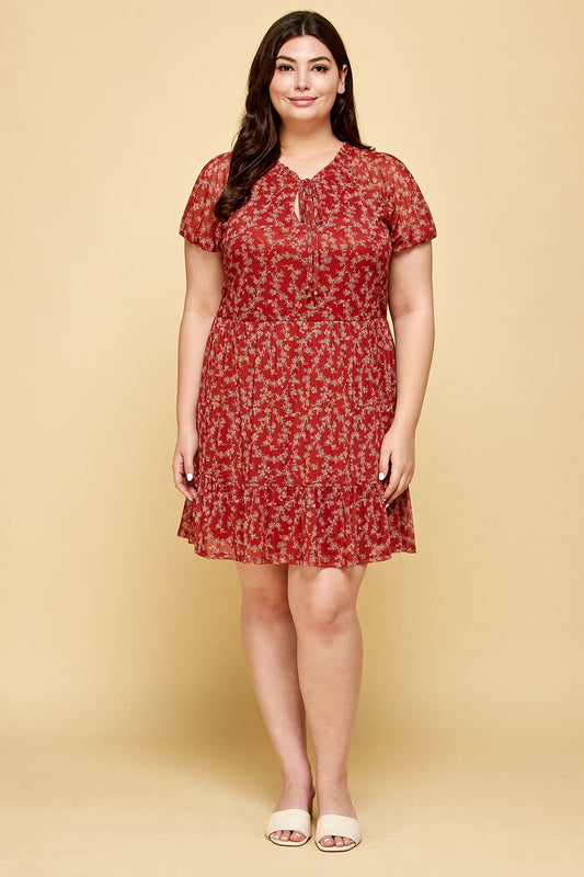 PLUS SIZE FLORAL RED MESH DRESS