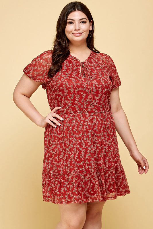 PLUS SIZE FLORAL RED MESH DRESS