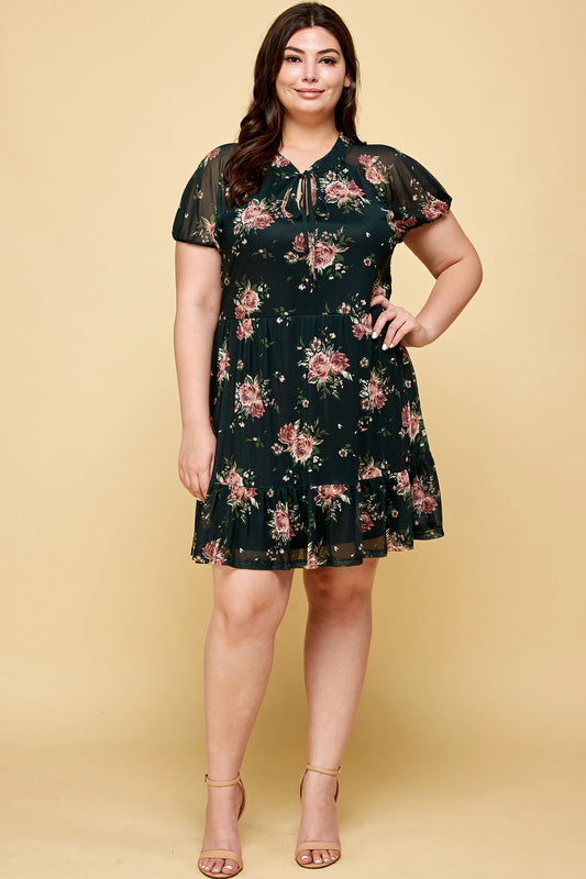 PLUS SIZE FLORAL BLACK MESH DRESS