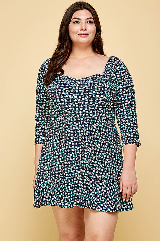 NAVY FLORAL PLUS SIZE SKATER DRESS