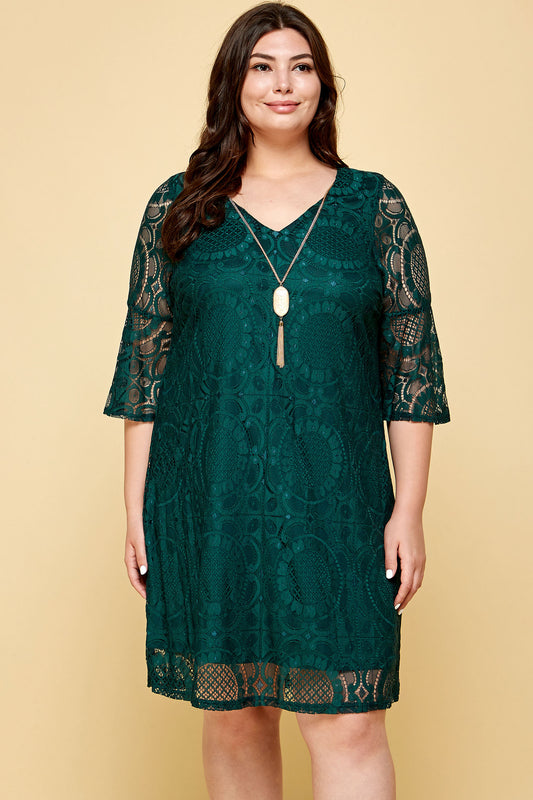 PLUS SIZE LACE QUARTER SLEEVE NECKLACE DRESS