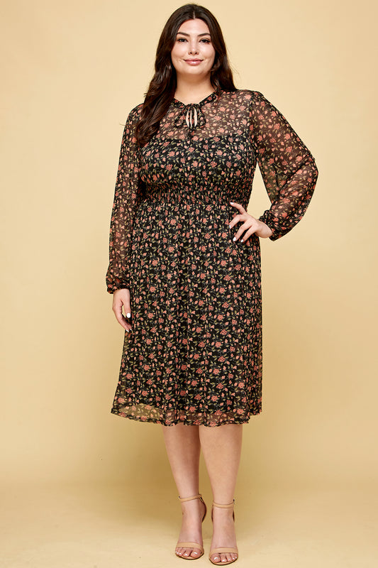 PLUS SIZE RED FLORAL LONG SLEEVE MESH MIDI DRESS