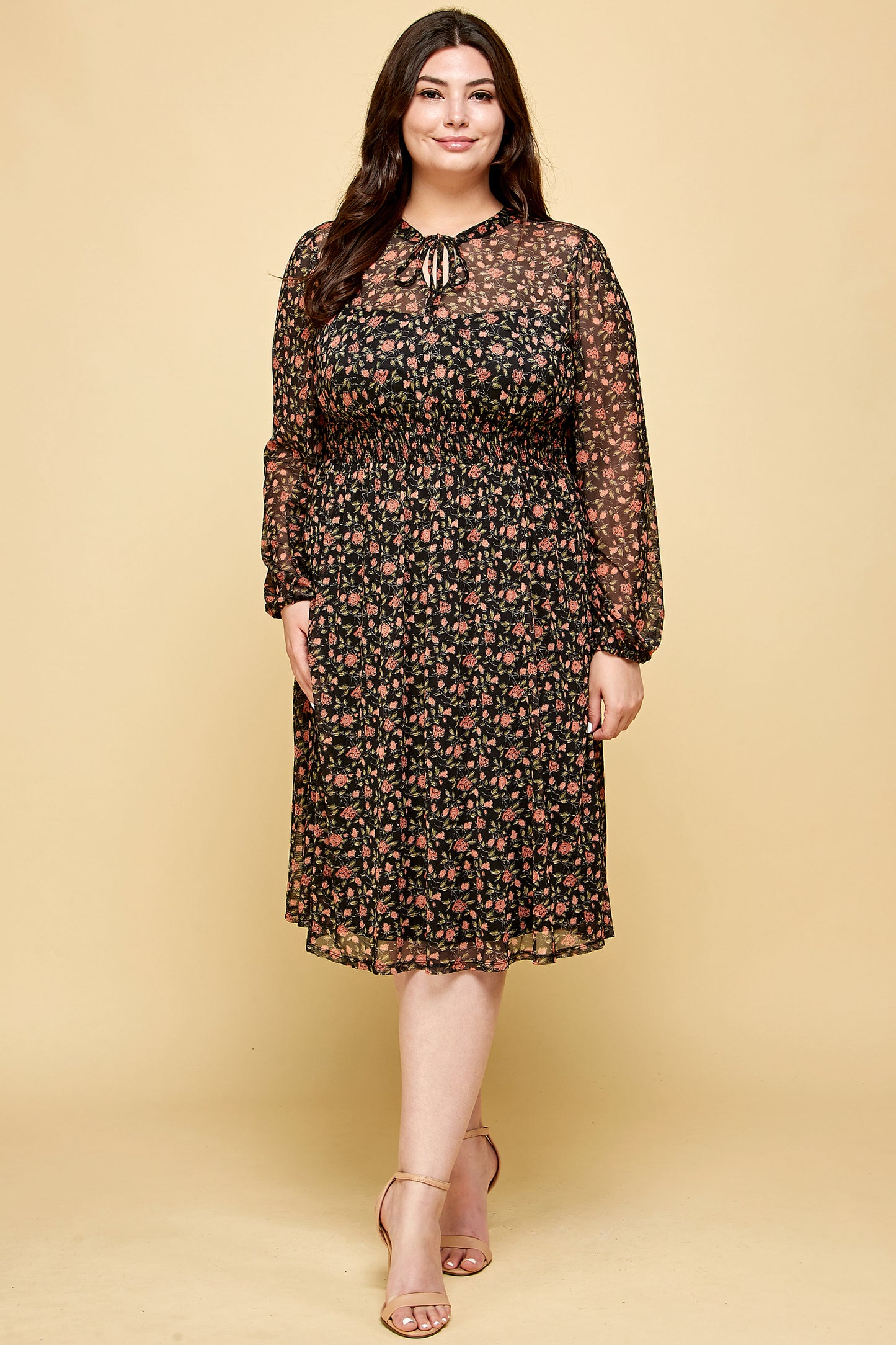 PLUS SIZE RED FLORAL LONG SLEEVE MESH MIDI DRESS