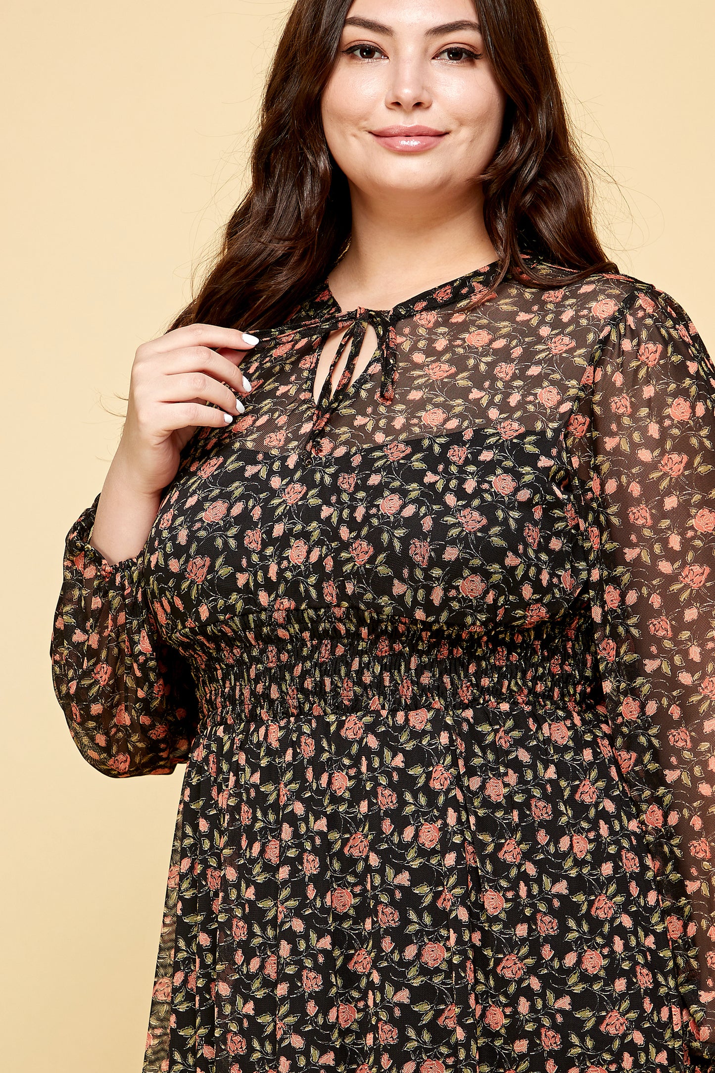 PLUS SIZE RED FLORAL LONG SLEEVE MESH MIDI DRESS