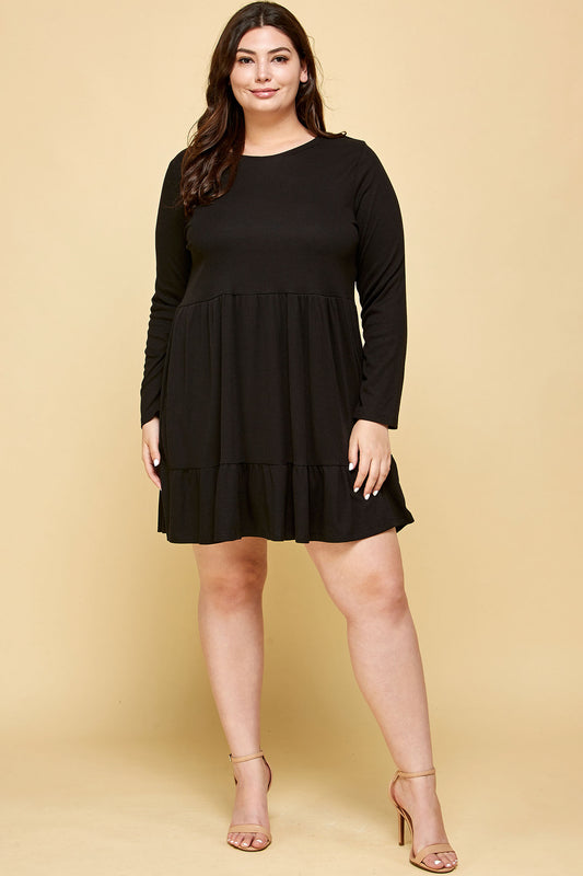 LONG SLEEVE RIBBED BABYDOLL DRESS