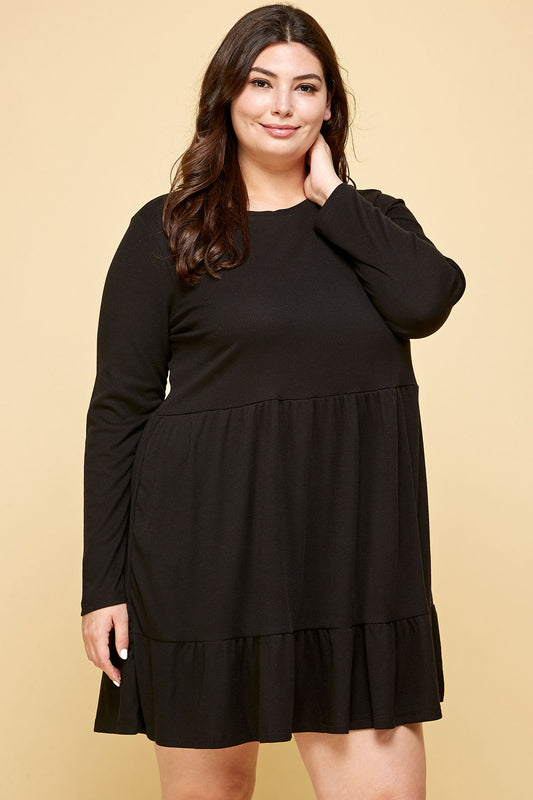 LONG SLEEVE RIBBED BABYDOLL DRESS