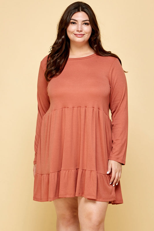 LONG SLEEVE RIBBED BABYDOLL DRESS