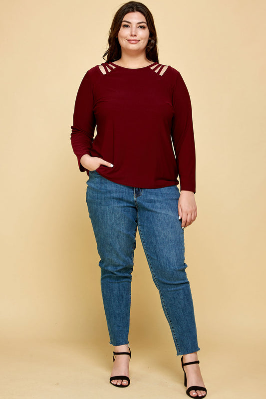 PLUS SIZE LONG SLEEVE BURGUNDY CAGE SHOULDER TOP