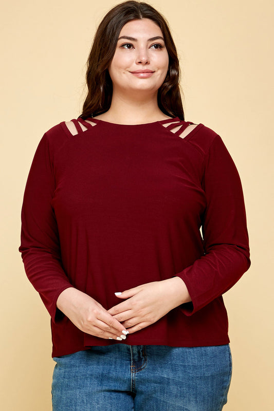 PLUS SIZE LONG SLEEVE BURGUNDY CAGE SHOULDER TOP