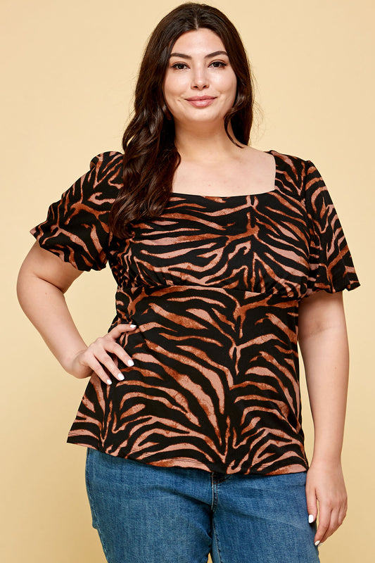 PLUS SIZE SQUARE NECK ANIMAL PRINTED TOP