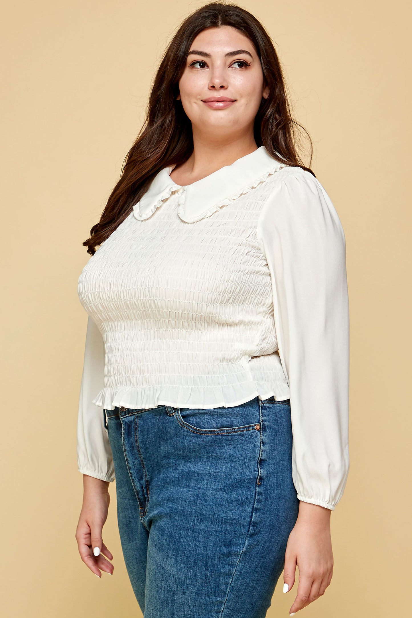 PLUS SIZE SMOCKED COLLARED TOP