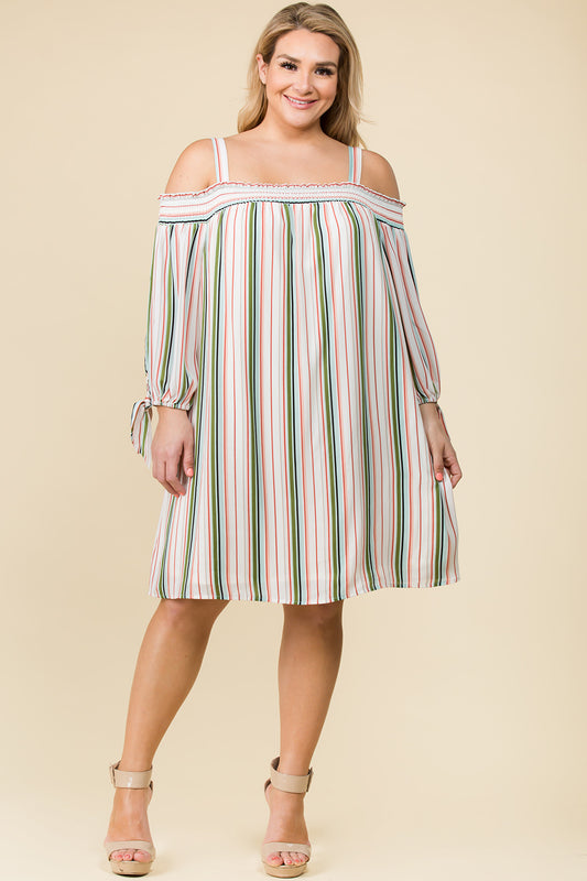 PLUS SIZE OFF SHOULDER STRIPED DRESS WITH TIE SLEEVES