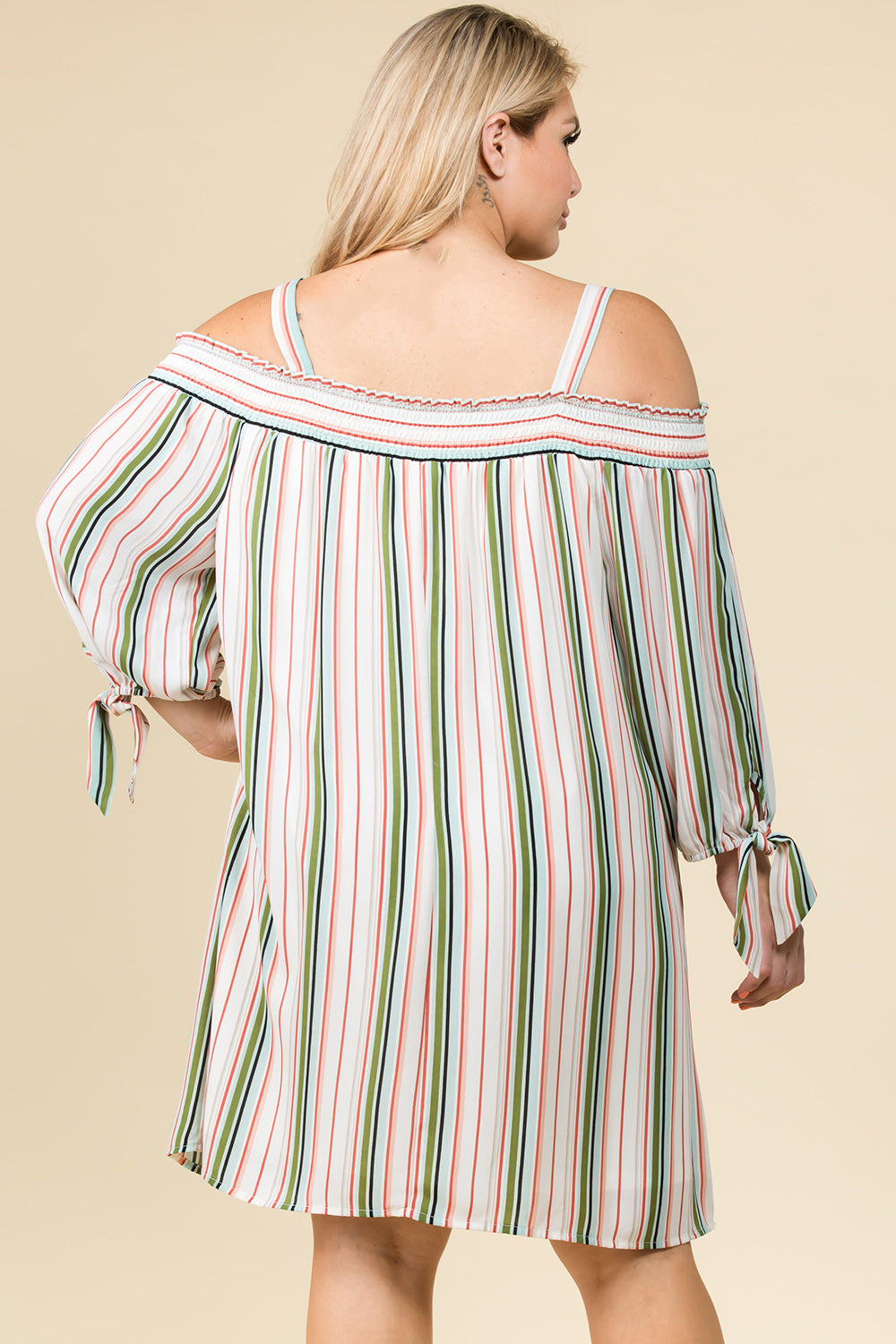 PLUS SIZE OFF SHOULDER STRIPED DRESS WITH TIE SLEEVES