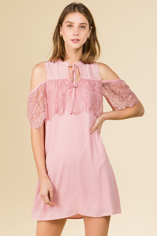 TIE FRONT MOCK NECK LACE RUFFLE COLD SHOULDER DRESS