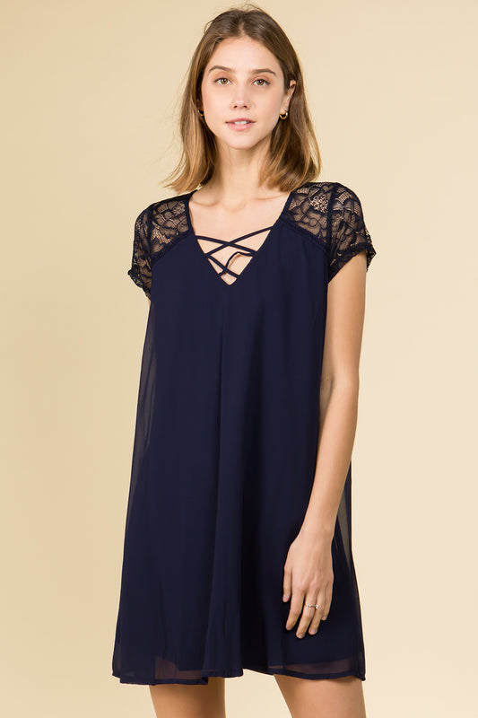 LATTICE FRONT LACE SHOULDER MINI DRESS IN NAVY