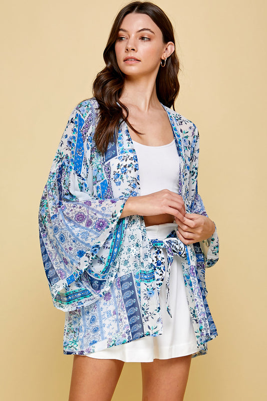 SHEER FLORAL KIMONO WITH PUFF SLEEVES