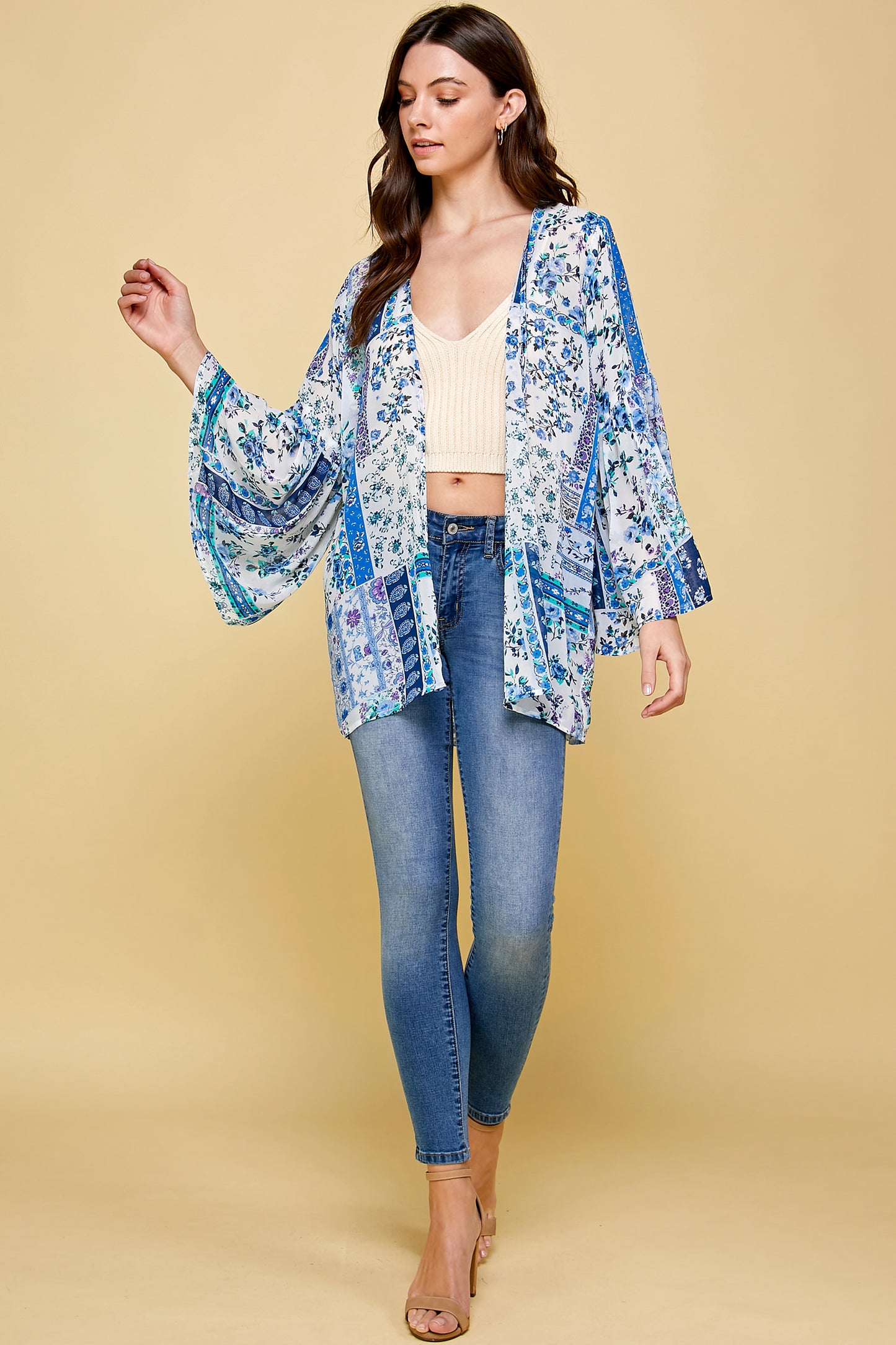 SHEER FLORAL KIMONO WITH PUFF SLEEVES
