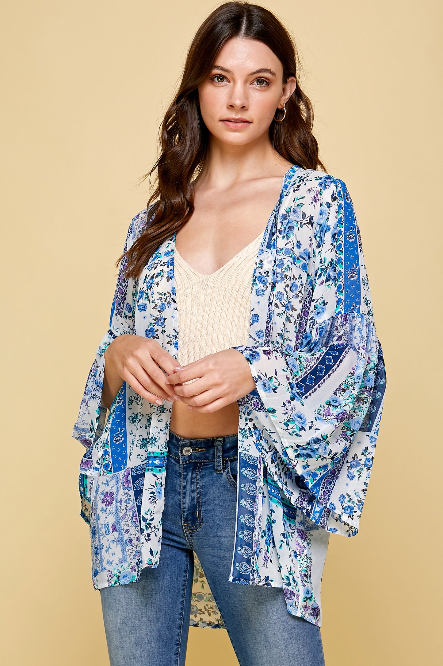 SHEER FLORAL KIMONO WITH PUFF SLEEVES