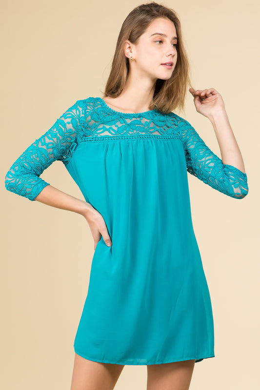 TEAL BABYDOLL DRESS WITH LACE TRIM