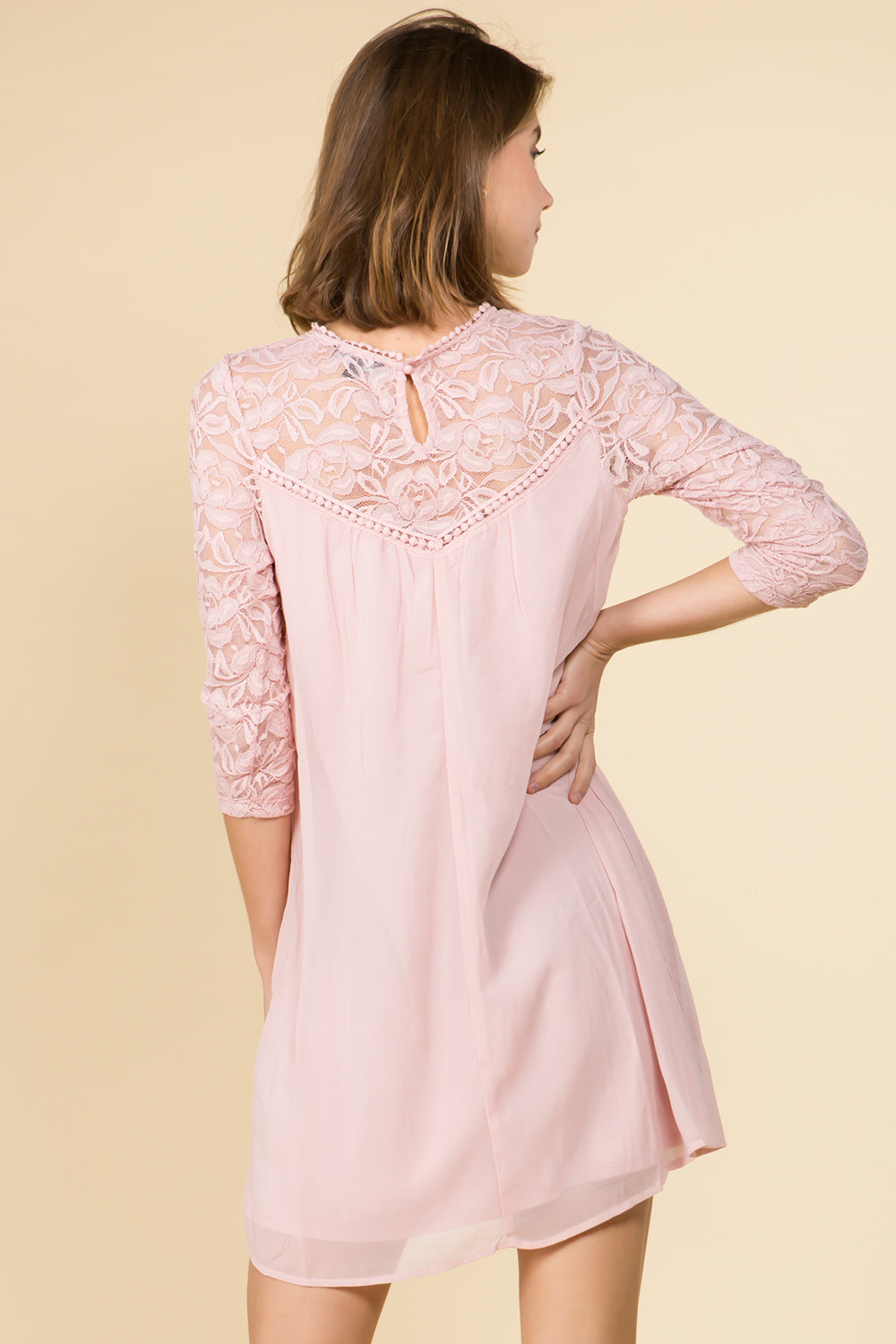 PINK BABYDOLL DRESS WITH LACE TRIM