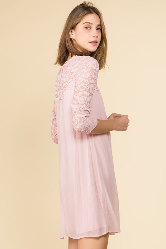 PINK BABYDOLL DRESS WITH LACE TRIM