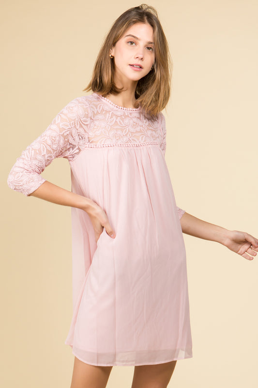 PINK BABYDOLL DRESS WITH LACE TRIM