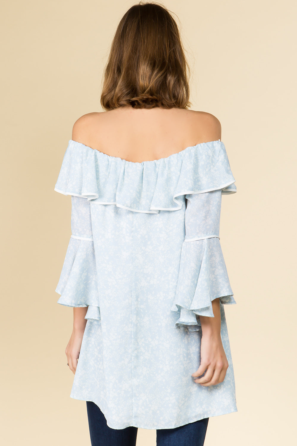 OFF SHOULDER RUFFLE TOP WITH BELL SLEEVES