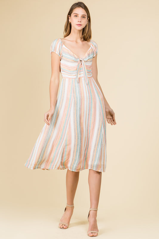 TIE FRONT MULTI STRIPE PUFF SLEEVE MIDI DRESS