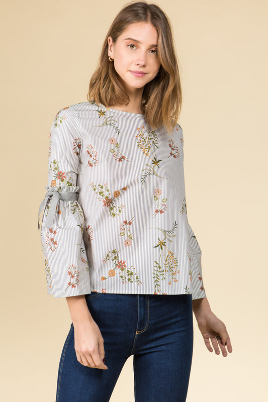 TIE RUFFLED SLEEVE FLORAL TOP