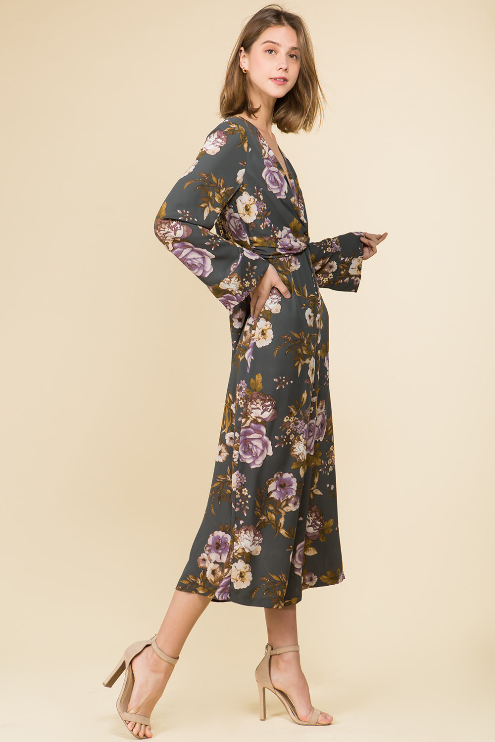 LONG SLEEVE TWIST FRONT MID CALF LENGTH JUMPSUIT IN FLORAL PRINT