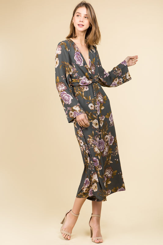 LONG SLEEVE TWIST FRONT MID CALF LENGTH JUMPSUIT IN FLORAL PRINT