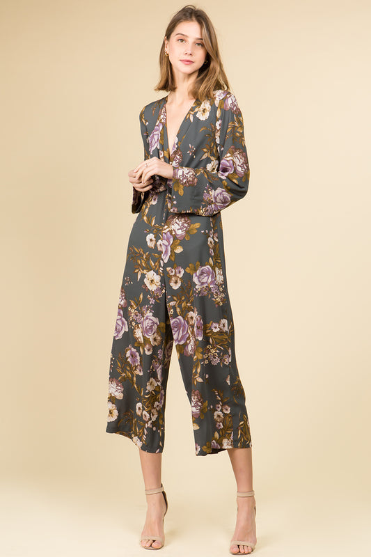 LONG SLEEVE TWIST FRONT MID CALF LENGTH JUMPSUIT IN FLORAL PRINT