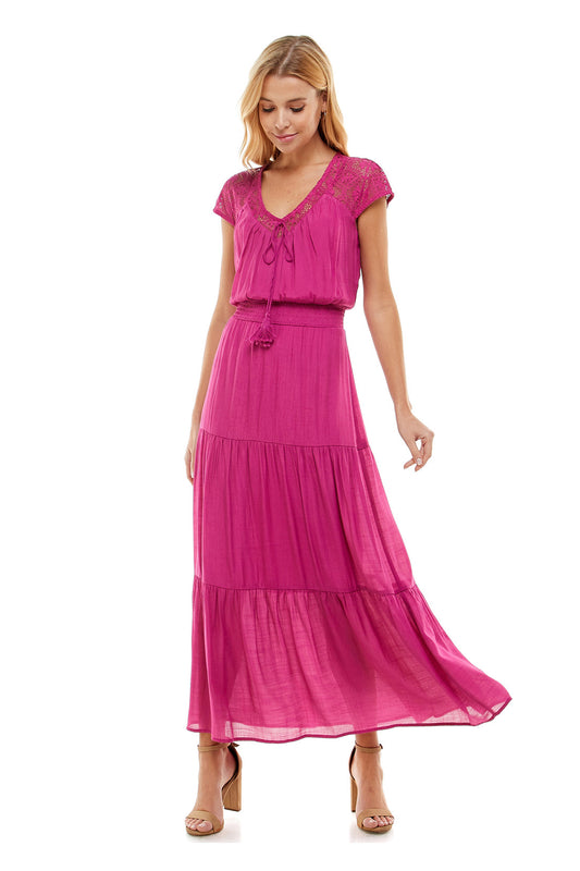 PLUS SIZE LACE TOP TASSEL SMOCKED WAIST TIER MAXI IN MAGENTA