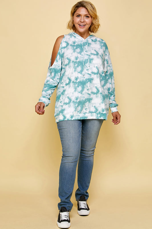 PLUS SIZE TIE DYE PRINT A-SYMMETRIC COLD SHOULDER SWEATSHIRT